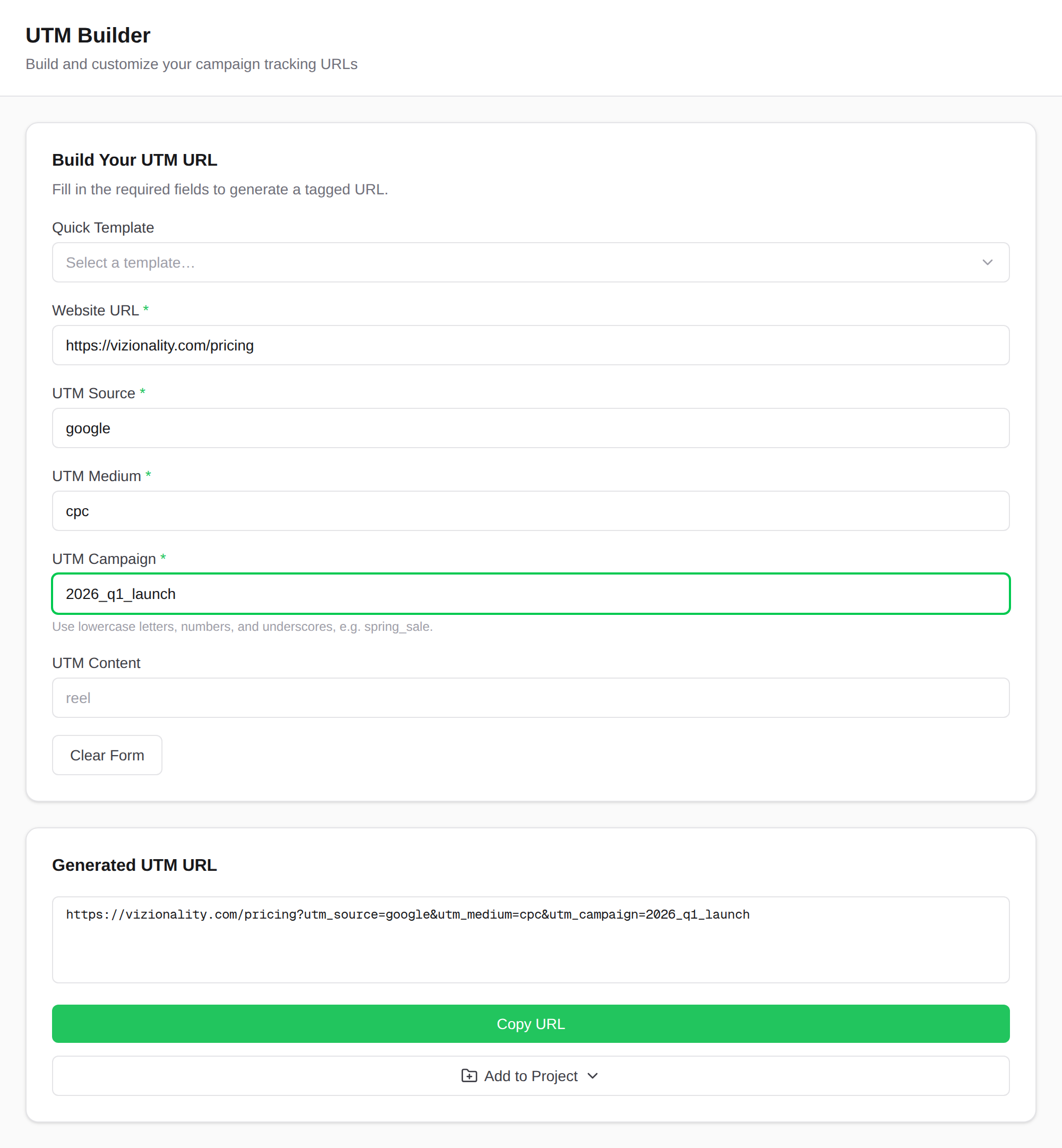 The UTMBuilder form with utm_source set to google and utm_medium set to cpc, producing a tagged URL