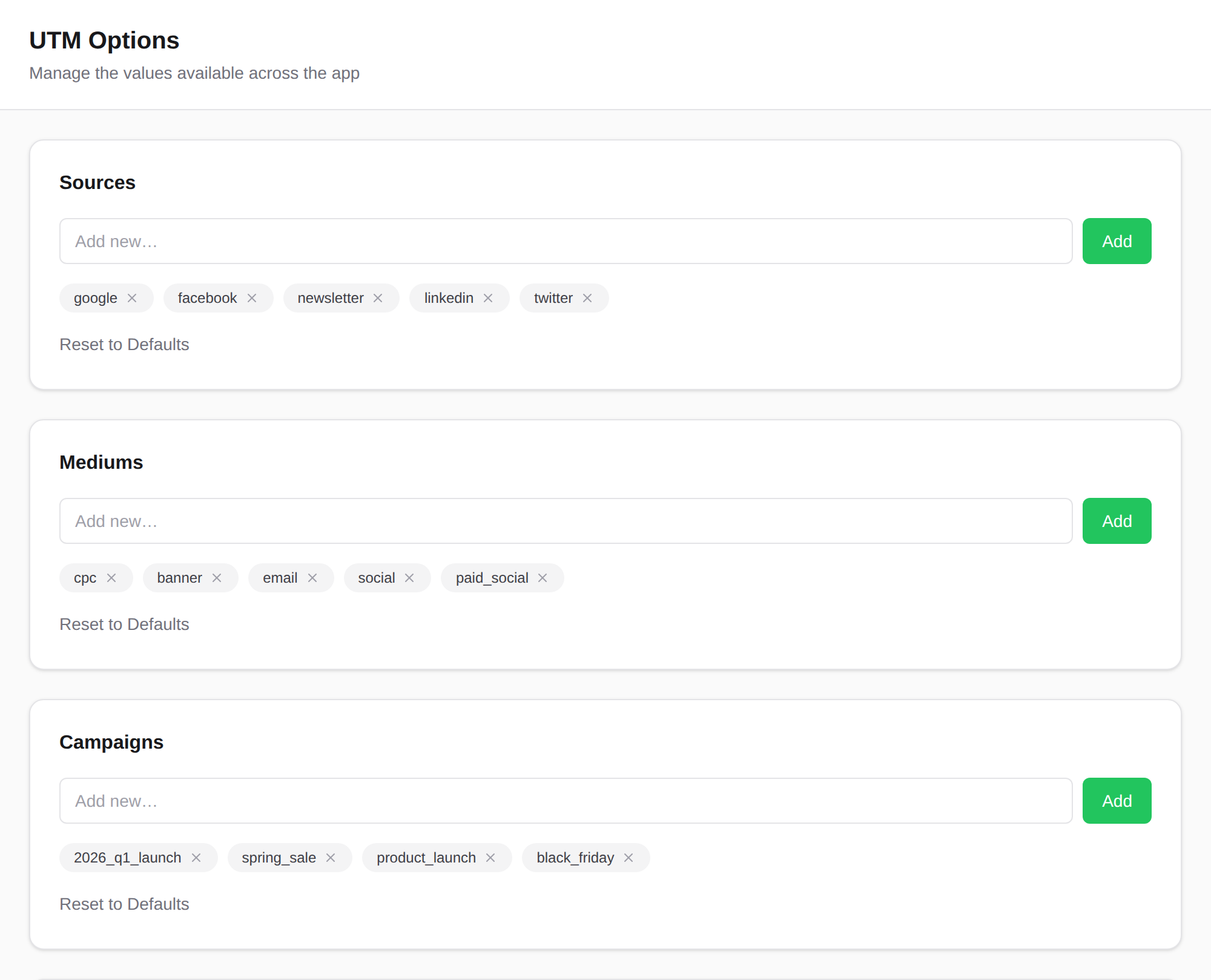 The UTM Options screen with shared lists of approved sources, mediums, and campaigns as removable chips